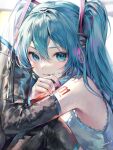  1girl ame929 aqua_eyes aqua_hair bare_shoulders black_footwear blush boots detached_sleeves grin hair_ornament hatsune_miku long_hair long_sleeves looking_at_viewer number_tattoo shoulder_tattoo sitting smile solo sunlight tattoo thigh_boots twintails very_long_hair vocaloid 