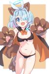  1girl :d animal_ears animal_hands arona_(blue_archive) bikini black_bikini black_cape blue_archive blue_eyes blue_hair bow breasts brown_background brown_footwear brown_gloves cape commentary dog_ears dog_tail fake_animal_ears fake_tail fang front-tie_bikini_top front-tie_top gloves groin hair_over_one_eye hair_ribbon halloween_costume halo halterneck highres karahai_(31448823) leg_up looking_at_viewer medium_hair navel open_mouth orange_bow orange_cape paw_gloves paw_shoes ribbon small_breasts smile solo standing standing_on_one_leg swimsuit tail two-sided_cape two-sided_fabric white_ribbon 
