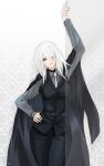 1girl absurdres arm_up black_jacket blazer blue_eyes breasts collared_shirt formal grey_shirt hair_between_eyes hair_over_one_eye hand_on_own_hip hele highres jacket jacket_on_shoulders large_breasts long_hair looking_at_viewer necktie nier:automata nier_(series) shirt solo suit swept_bangs white_hair yorha_type_a_no._2 