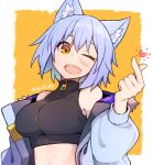  1girl ;d animal_ear_fluff animal_ears bare_shoulders blue_hair blush breasts brown_eyes commentary copyright_request crop_top finger_heart fur-trimmed_jacket fur_trim grey_jacket hair_between_eyes highres jacket long_sleeves looking_at_viewer medium_breasts off_shoulder one_eye_closed open_clothes open_jacket orange_background puffy_long_sleeves puffy_sleeves ryota_tentei scar scar_on_face short_hair smile solo symbol-only_commentary twitter_username two-tone_background upper_body white_background 
