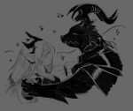  1boy 1girl alternate_form cape clive_rosfield dancing final_fantasy final_fantasy_xvi grey_background horns ifrit_(final_fantasy) jill_warrick monochrome monster_boy musical_note pointy_ears shiva_(final_fantasy) simple_background sul-ponticello tiara upper_body 