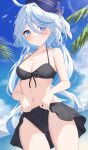  1girl ahoge bare_arms bare_shoulders bikini bikini_skirt black_bikini black_skirt blue_eyes blue_hair blue_headwear blue_sky blush breasts cleavage cloud commentary_request day furina_(genshin_impact) genshin_impact highres long_hair looking_at_viewer medium_breasts navel nyuu_(pixiv12143565) skirt sky solo stomach swimsuit thighs very_long_hair 