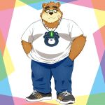  2023 anthro band-aid bandage bear blush bottomwear clothing eyewear glasses hi_res kemono lifewonders male mammal overweight overweight_male pants shirt solo tokyo_afterschool_summoners topwear volos yaki_atsuage 