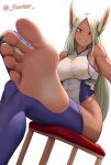  1girl absurdres animal_ears barefoot boku_no_hero_academia breasts crescent_print dark-skinned_female dark_skin feet foot_focus footer@unyaaan grin highleg highleg_leotard highres large_breasts leotard long_eyelashes long_hair looking_at_viewer mirko muscular muscular_female presenting_foot purple_thighhighs rabbit_ears rabbit_girl red_eyes simple_background sitting smile solo superhero taut_leotard teeth thighhighs toes toned twitter_username white_background white_hair white_leotard 