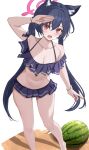  1girl absurdres animal_ears bare_arms bare_legs bare_shoulders bikini black_bikini black_hair blue_archive blush breasts cat_ears fang food fruit highres long_hair looking_at_viewer navel official_alternate_costume open_mouth red_eyes serika_(blue_archive) serika_(swimsuit)_(blue_archive) small_breasts smile solo swimsuit twintails vayneeeee watermelon 
