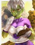  1girl absurdres armor artist_name breasts candy cheelai chocolate chocolate_bar chromatic_aberration collarbone colored_skin commentary dragon_ball dragon_ball_super dragon_ball_super_broly eyebrows_hidden_by_hair eyelashes food gloves green_skin highres medium_breasts purple_shirt sarulart shirt short_hair solo symbol-only_commentary turtleneck upper_body white_gloves white_hair yellow_eyes yellow_sky 