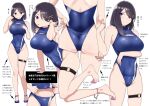  1girl :o adjusting_clothes adjusting_swimsuit anklet arm_support arm_under_breasts ass bare_arms barefoot black_eyes black_hair blue_footwear blue_one-piece_swimsuit blush breasts brushing_hair cleavage_cutout clothing_cutout commentary_request full_body hair_ornament hairclip high_heels highleg highleg_swimsuit jewelry kuro_(toi_et_moi) large_breasts looking_at_viewer medium_hair nail_polish navel one-piece_swimsuit open_mouth original reference_sheet simple_background skindentation smile swimsuit thigh_strap toenail_polish toenails toes white_background 