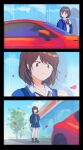  1girl black_eyes blue_jacket blue_skirt bow brown_footwear brown_hair car collarbone collared_shirt hair_behind_ear highres jacket momo_hiki motion_blur motor_vehicle original petals red_bow red_car school_uniform shirt shoes short_hair skirt sports_car toyota toyota_86 white_shirt 