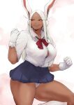  1girl absurdres animal_ears blue_skirt boku_no_hero_academia bow bra bra_peek breasts bunny_day clenched_hands dark-skinned_female dark_skin gloves highres knee_up large_breasts long_eyelashes long_hair looking_to_the_side loose_socks mirko panties parted_bangs parted_lips pleated_skirt puzenketsu rabbit_ears rabbit_girl red_bow red_eyes shirt shirt_tucked_in skirt sleeves_rolled_up smile socks solo thick_thighs thighs toned underwear very_long_hair white_gloves white_hair white_panties white_shirt 