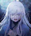  1girl blue_archive crying crying_with_eyes_open grey_eyes hair_ornament halo haori highres japanese_clothes kirigakure_(user_yvtj2773) long_hair looking_at_viewer nagusa_(blue_archive) open_mouth portrait solo tears white_hair 