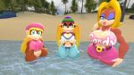  anthro beach blonde_hair candy_kong clothing dixie_kong donkey_kong_(series) female group hair haplorhine hat headgear headwear hi_res mammal monkey nintendo primate sand sea seaside tiny_kong trio water 