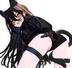 1girl animal_ear_fluff animal_ears arknights ass between_legs black_gloves black_hair black_jacket black_panties blush cat_ears cat_girl cat_tail cowboy_shot dagda_(arknights) earrings extra_ears fang from_behind gloves green_eyes hair_between_eyes hand_between_legs highres jacket jewelry kochiya_(gothope) long_hair long_sleeves looking_at_viewer looking_back open_mouth panties partially_visible_vulva simple_background skin_fang solo sweatdrop tail thigh_strap underwear v-shaped_eyebrows white_background 