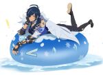  ! 1boy >_< black_footwear black_gloves blue_eyes blue_hair boots closed_mouth fingerless_gloves genshin_impact gloves jacket kaeya_(genshin_impact) long_hair looking_at_viewer lying male_focus mn multicolored_hair on_stomach pants simple_background slime_(genshin_impact) snowflakes streaked_hair twitter_username white_background 