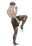  1boy bandaged_hand bandages black_leggings black_shorts facing_to_the_side fighting_stance full_body itadori_yuuji jujutsu_kaisen leg_up leggings looking_to_the_side male_focus muscular muscular_male muted_color pink_hair qxq_illus scar scar_on_face short_hair shorts simple_background solo topless undercut white_background 