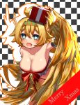  animal_hands blonde_hair blush box breasts christmas claws cleavage commentary_request gift gift_box green_eyes hair_between_eyes harpy highres holding holding_gift junkpicture large_breasts monster_girl monster_musume_td open_mouth short_hair star-shaped_pupils star_(symbol) symbol-shaped_pupils waemawa winged_arms wings yellow_wings 