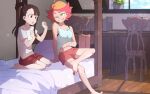  2girls ;) amanda_o&#039;neill arikindows10 barefoot bed kagari_atsuko little_witch_academia multiple_girls one_eye_closed shorts smile 