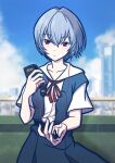  1girl ayanami_rei blue_dress blue_hair blurry blurry_background cityscape cloud cloudy_sky collarbone cowboy_shot day dot_nose dress expressionless highres hio_makoto holding looking_at_viewer neon_genesis_evangelion outdoors reaching reaching_towards_viewer red_eyes sailor_collar school_uniform short_hair sky solo tokyo-3_middle_school_uniform walkman white_sailor_collar 