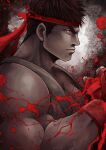  1boy absurdres bara blood blood_splatter boxing_gloves dougi from_side frown hal_(harenchiou) highres large_pectorals looking_ahead male_focus mature_male muscular muscular_male pectoral_cleavage pectorals profile red_theme ryu_(street_fighter) serious short_hair sideburns solo spot_color street_fighter upper_body veiny_face 