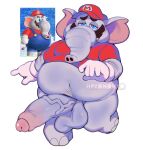  absurd_res anthro balls belly big_penis blue_eyes bottomless clothed clothing elephant elephant_mario elephantid erection facial_hair foreskin genitals gloves grey_body handwear hi_res hpyononyo male mammal mario mario_bros mustache navel nintendo overweight penis proboscidean proboscis_(anatomy) shirt solo super_mario_bros_wonder topwear trunk_(anatomy) vein veiny_penis 