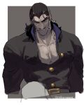  1boy aquiline_nose belt black_hair border colored_skin desha_(ousama_ranking) dress_shirt facial_hair grey_background grey_skin hair_slicked_back highres long_sleeves looking_at_viewer male_focus muscular muscular_male mustache ousama_ranking partially_unbuttoned pectoral_cleavage pectorals shirt simple_background sitting sizuku_73 solo sweat teeth thick_eyebrows twitter_username white_border 