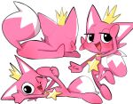  ambiguous_gender anthro blush canid canine crown flexible fox fur hanuvo headgear hi_res jewelry looking_at_viewer lying mammal necklace on_side one_leg_up pink_body pink_fur pinkfong_(character) raised_leg simple_background smile solo splits spread_legs spreading standing star tail vertical_splits white_background 