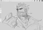  1boy art_program_in_frame bara beard facial_hair graves_(league_of_legends) greyscale hair_slicked_back highres league_of_legends looking_to_the_side male_focus mature_male monochrome muyu_(muyu824127) short_hair solo thick_beard thick_eyebrows thick_mustache unfinished upper_body 