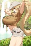  1girl abs arms_up barghest_(fate) barghest_(swimsuit_archer)_(fate) blonde_hair blurry blurry_background breasts closed_mouth day fate/grand_order fate_(series) from_side green_eyes grey_shorts hair_tie_in_mouth hat highres kamo_ashi large_breasts long_hair mouth_hold muscular muscular_female outdoors short_shorts shorts solo thighs tying_hair 