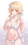  1girl blonde_hair blush bra breasts flower genshin_impact hair_flower hair_ornament highres long_hair lumine_(genshin_impact) medium_breasts navel panties senasolumi solo stomach underwear white_bra white_panties yellow_eyes 