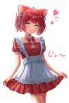  1girl absurdres akami_karubi animal_ears apron blue_eyes breasts cat_ears cat_girl collar dress gradient_eyes harupuri913 highres indie_virtual_youtuber looking_at_viewer metal_collar multicolored_eyes puffy_short_sleeves puffy_sleeves red_dress red_hair short_hair short_sleeves skirt_hold small_breasts smile twintails virtual_youtuber white_apron yellow_eyes 