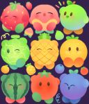  berry blueberry blush closed_eyes food fruit kirby kirby_(series) nintendo one_eye_closed open_mouth palm-fist_greeting peach pear pineapple puffychii sleeping smile strawberry watermelon 