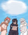  3girls animal_ears arms_at_sides bare_shoulders blonde_hair blue_sky braid braided_tail breasts bridle brown_hair brown_sports_bra brown_thoroughbred_(kemono_friends) buruma chestnut_thoroughbred_(kemono_friends) clenched_hands cloud dark-skinned_female dark_skin day elbow_gloves empty_eyes fingerless_gloves from_below furrowed_brow gloom_(expression) gloves hair_between_eyes highres horizontal_pupils horse_ears horse_girl horse_tail japan_racing_association japari_symbol kemono_friends leggings light_brown_hair long_hair looking_down multicolored_hair multiple_girls navel nope_(movie) outdoors pale_skin parody parted_bangs saja_(166j357) scared side-by-side sky sports_bra sportswear standing stomach sweat tail title toned twin_braids v-shaped_eyebrows white_hair white_thoroughbred_(kemono_friends) 