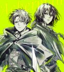  1boy 1girl cloak commentary_request green_background greyscale_with_colored_background holding holding_sword holding_weapon hood hooded_cloak levi_(shingeki_no_kyojin) mikasa_ackerman mo_cha_ri serious shingeki_no_kyojin suspenders sword weapon 