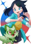  1girl :d absurdres black_hair black_shorts blush coat commentary_request gem green_coat green_gemstone hair_ornament hairclip hands_up happy highres holding holding_poke_ball jewelry liko_(pokemon) necklace open_clothes open_coat open_mouth poke_ball poke_ball_(basic) pokemon pokemon_(anime) pokemon_(creature) pokemon_horizons refisa shirt shorts sleeves_past_elbows smile sprigatito teeth tongue upper_teeth_only white_shirt yellow_bag 