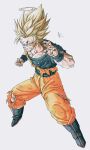  1boy baggy_pants black_footwear black_shirt blonde_hair boots dragon_ball dragon_ball_z full_body green_eyes halo highres kakeru_(dbskakeru) looking_at_viewer male_focus orange_pants pants shirt simple_background sleeveless solo son_goku spiked_hair super_saiyan super_saiyan_2 toriyama_akira_(style) torn_clothes white_background 