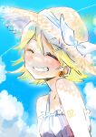  1girl absurdres bare_shoulders blonde_hair blue_sky blush bow cloud dress earrings flower flower_earrings frilled_dress frills grin hair_ornament hairclip hat hat_bow highres jewelry kagamine_rin number_tattoo pafufu pale_skin short_hair shoulder_tattoo sketch sky sleeveless sleeveless_dress smile solo sparkle straw_hat sun_hat sundress sunflower tattoo teeth vocaloid white_bow white_dress 