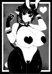  1girl animal_ears blunt_bangs braid breasts cat_ears cat_girl cat_tail closed_mouth curvy extra_ears fang gloves greyscale haseru_(ginku_mh) heart heart_pasties huge_breasts kaenbyou_rin looking_at_viewer medium_hair meme_attire monochrome multiple_tails nekomata pasties playboy_bunny pointy_ears rabbit_ears reverse_bunnysuit reverse_outfit side_braids sidelocks skin_fang smile solo tail touhou twin_braids two_tails 