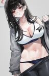  1girl absurdres black_hair blue_archive blush breasts cleavage collarbone cowboy_shot daehoak grey_jacket hair_ornament hairclip halo highres jacket large_breasts long_hair long_sleeves navel open_clothes open_jacket open_mouth red_eyes rio_(blue_archive) solo 