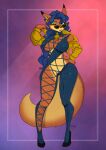  2023 amber_eyes anthro big_breasts black_high_heels blue_collar blue_hair breasts camel_toe canid canine carmelita_fox cleavage clothed clothing collar dipstick_ears eyewear female fluffy fluffy_tail fox fur gold_earring hair hand_on_hip hi_res jacket looking_at_viewer mammal meme meme_clothing multicolored_ears nipple_outline open_clothing open_jacket open_topwear orange_body orange_fur police_badge simple_background sly_cooper_(series) solo sony_corporation sony_interactive_entertainment standing string_jumpsuit sucker_punch_productions sunglasses tail topwear yawg yellow_clothing yellow_jacket_(clothing) yellow_topwear 