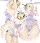  1girl animal_ears armpits arms_up ass blonde_hair blue_eyes braid breasts cameltoe colorado_(kancolle) crown_braid fake_animal_ears fake_tail fishnet_pantyhose fishnets headgear high_heels highleg highleg_leotard kantai_collection kiyama_satoshi large_breasts leotard looking_at_viewer multiple_views pantyhose playboy_bunny rabbit_ears rabbit_tail short_hair tail v white_background white_footwear white_leotard white_wrist_cuffs 