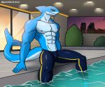  abs absurd_res alkan anthro blue_body bottomwear clothed clothing fish hi_res kashiver legs_in_water male marine multicolored_body muscular muscular_anthro muscular_male navel nipples pants pants_only pecs pool shark sitting solo swimming_pool swimwear swimwear_only topless topless_anthro topless_male two_tone_body yellow_eyes 