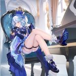  1girl blue_coat blue_eyes blue_hair blue_headwear chair coat crossed_legs full_body furina_(genshin_impact) genshin_impact gloves hat high_heels instrument kokanoko legs looking_at_viewer piano sitting smile thigh_strap thighs top_hat white_hair 