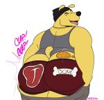  anthro big_butt black_nose bottomwear butt canid canine canis chain clothing domestic_dog fur hat headgear headwear hi_res looking_back male mammal overweight overweight_male pants shirt short_tail solo t-bone_(clifford) t-shirt tail topwear tweaking underwear yellow_body yellow_fur zackdadawg 