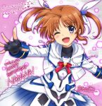  1girl artist_name black_gloves blue_eyes blush breasts brown_hair dated fingerless_gloves gloves hair_ribbon happy_birthday highres looking_at_viewer lyrical_nanoha magical_girl mahou_shoujo_lyrical_nanoha mahou_shoujo_lyrical_nanoha_a&#039;s one_eye_closed open_mouth ribbon san-pon short_hair signature small_breasts smile solo takamachi_nanoha twintails 