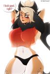  anthro belly big_breasts black_clothing black_hair blonde_hair breasts butt canid canine canis clothed clothing digital_media_(artwork) domestic_cat domestic_dog felid feline felis female fur hair hi_res hybrid mammal panties red_clothing red_eyes rrevolight shirt smile solo solo_focus t-shirt tail text topwear torso underwear white_body white_eyes white_fur wide_hips yellow_body 