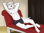  adastra adastra_(series) anthro bottomwear canid canine canis cassius_(adastra) chaise_lounge clothed clothing echo_project fuze hands_behind_head hi_res loincloth loincloth_only looking_at_viewer male mammal navel nipples reclining solo topless wolf 