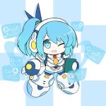  1girl ;d android aqua_eyes aqua_hair checkered_background chibi full_body headset highres holding joints looking_at_viewer mega_man_(series) mega_man_x_(series) mega_man_x_dive mono_zero one_eye_closed open_mouth rico_(mega_man) robot_joints side_ponytail smile solo 