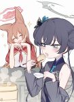  2girls ^_^ animal_ears ba_fed_kitaku bamboo_steamer baozi black_hair blue_archive blush breasts brown_hair chinese_spoon chopsticks closed_eyes double_bun eating flat_chest food fox_ears hair_bun halo hand_on_own_hip head_rest holding holding_chopsticks holding_spoon kisaki_(blue_archive) large_breasts multiple_girls rumi_(blue_archive) smile sparkle spoon steam twintails upper_body 