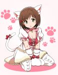  1girl animal_ears animal_hands arms_between_legs blush bow bowtie breasts brown_hair cat_ears cat_necklace cat_paws cat_tail choker cleavage collarbone dot_nose dress fake_animal_ears fake_tail flower footprints frilled_dress frills green_eyes hair_ribbon hairband highres idolmaster idolmaster_cinderella_girls idolmaster_cinderella_girls_starlight_stage kidachi large_breasts looking_at_viewer maekawa_miku open_mouth pink_background pink_choker pink_flower pink_rose pom_pom_(clothes) print_thighhighs puffy_short_sleeves puffy_sleeves red_bow red_bowtie red_ribbon ribbon rose seiza short_hair short_sleeves sitting solo striped striped_bow striped_bowtie tail thighhighs white_thighhighs 