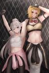  2girls absurdres arm_behind_head arm_up armband armpits black_background black_gloves black_pants blonde_hair breasts chain-link_fence cleavage clothes_around_waist collarbone english_commentary exercise eyelashes fence gloves goggles goggles_around_neck grey_hair hair_slicked_back highres hololive hololive_english hololive_indonesia jacket jacket_around_waist kaela_kovalskia koseki_bijou long_hair looking_at_viewer medium_breasts multiple_girls navel one_eye_closed pants parted_lips ponytail popcornflakes purple_eyes red-tinted_eyewear red_eyes short_hair sidelocks small_breasts smile sports_bra stomach sweat tank_top tinted_eyewear virtual_youtuber white_pants white_tank_top workout_clothes 