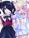  2girls ame-chan_(needy_girl_overdose) arms_behind_back black_hair black_ribbon black_skirt blonde_hair blue_bow blue_eyes blue_hair blue_shirt blue_skirt bow chouzetsusaikawa_tenshi-chan collar collared_shirt cowboy_shot double_v grey_eyes hair_bow hair_ornament hair_over_one_eye hair_tie hairclip hands_up heart heart_hair_ornament highres holographic_clothing long_hair long_sleeves looking_at_viewer multicolored_hair multiple_girls neck_ribbon needy_girl_overdose one_eye_closed open_mouth pink_bow pink_hair pleated_skirt purple_bow quad_tails red_shirt ribbon sailor_collar school_uniform serafuku shirt shirt_tucked_in shizumu_(shi_zumu) skirt smile sparkle suspender_skirt suspenders twintails v v_over_eye very_long_hair white_collar x_hair_ornament yellow_bow 